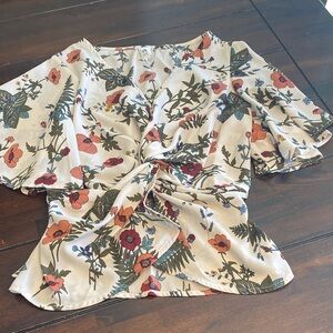 Floral Twist Front Blouse - Cream and Red